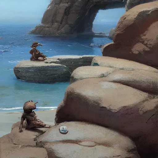 Image similar to a concept art of a pair of flip flops in the rocks, by Craig mullins, Steve Purcell, Ralph McQuarrie. Centered image, no background