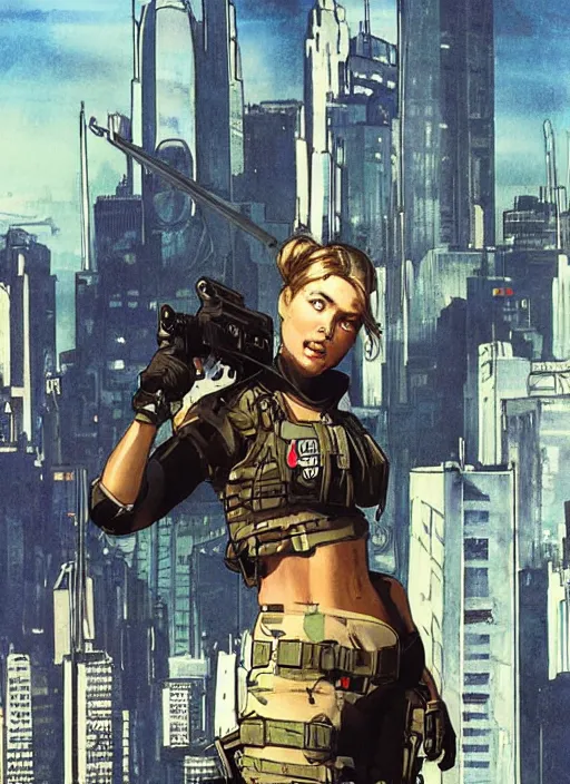 Image similar to Dinah. Beautiful USN special forces operator looking at city skyline. Agent wearing Futuristic stealth suit. rb6s Concept art by James Gurney, Alphonso Mucha.