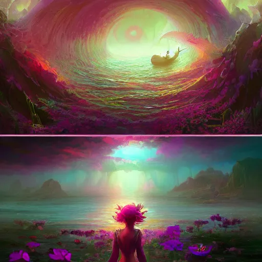 Image similar to i am attracting beautiful souls into my life 🌊✨🌸🌿, 8 k resolution detailed fantasy art, asymmetrical composition, anato finnstark marc simonetti lisa frank zbrush central gloomy midnight.