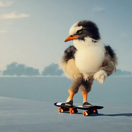 Image similar to fluffy chick riding skateboard, photorealistic