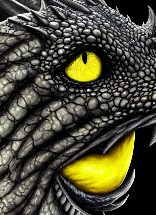 Prompt: closeup portrait of black dragon head with yellow eyes, ultra realistic, fantasy, magic, dnd,