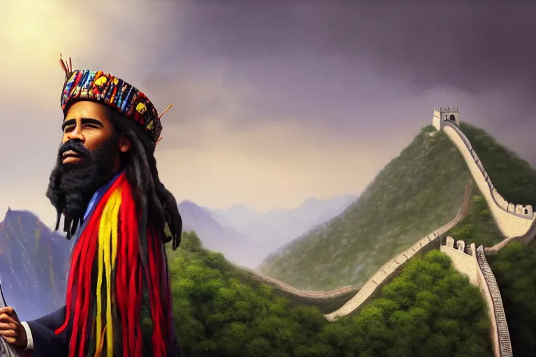 Prompt: rasta obama, on great wall of china, close up, wearing crown of bright feathers, long white moustache, artstation, fantasy, intricate, beautiful, cinematic, octane render, arnold render, 8k, hyperrealism, detailed, sharp focus, 4k uhd, masterpiece, award winning, painting by Ivan Aivazovsky and Greg Rutkowski