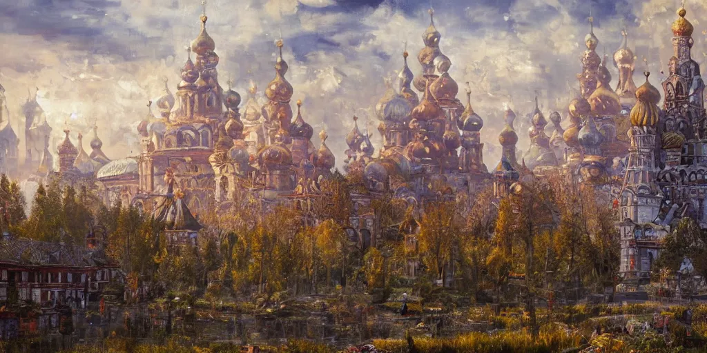 Prompt: beautiful magical ancient Slavic city of Kitezh, magic lights, magic mist, strange buildings, oil painting, painting by Viktor Vasnetsov, concept art, fantasy cityscape, ancient Russian architecture, painting by Ivan Shishkin, hyperborea, high resolution, trending on artstation,