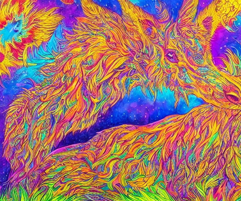 Image similar to the wildest dream, vivid colors, golden hour, psychedelic art, magical creatures