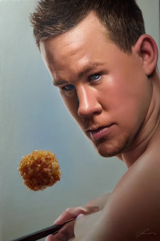 Image similar to a tater tot with channing tatum face, oil on canvas, intricate, 8 k highly professionally detailed, hdr, cgsociety