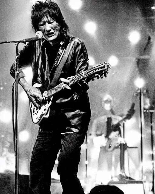 Image similar to sixty years old viktor tsoi with guitar in his hands, photo, microphone, rock concert, black and white, iso 6 0 0, 3 5 mm, codac gold