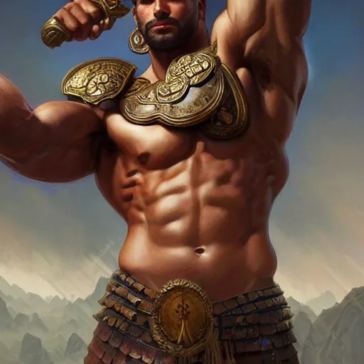 Image similar to fullbody portrait of hasan piker, muscular, upper body,big chest, amazon warrior, fantasy, intricate, elegant, highly detailed, digital painting, artstation, concept art, matte, sharp focus, illustration, art by Artgerm and Greg Rutkowski and Alphonse Mucha