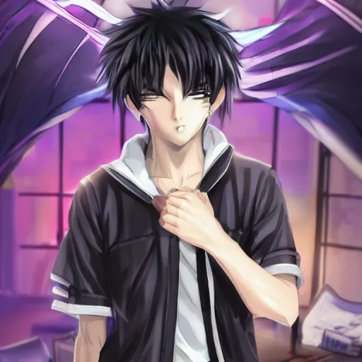 Image similar to aloof anime man with black emo hair wearing baggy shorts, standing in dean's office, smug grin, smug expression, punchable expression, punchable face, he's a jerk, sharp details, subsurface scattering, intricate details, art by artgerm, anime, anime hd wallpaper, 2 0 1 9 anime screenshot