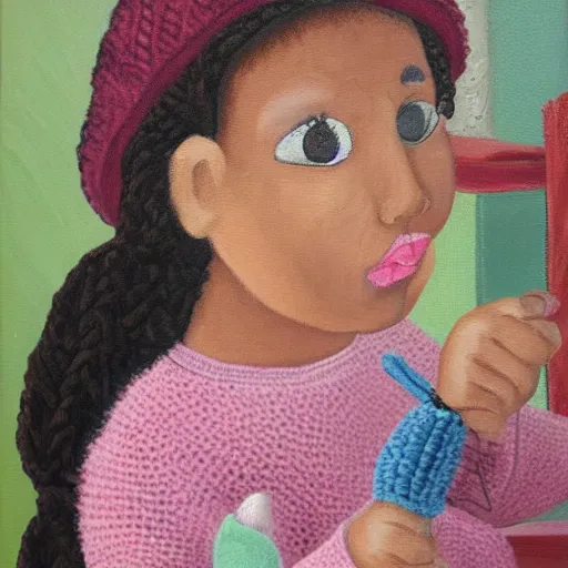 Prompt: painting young woman crochetting