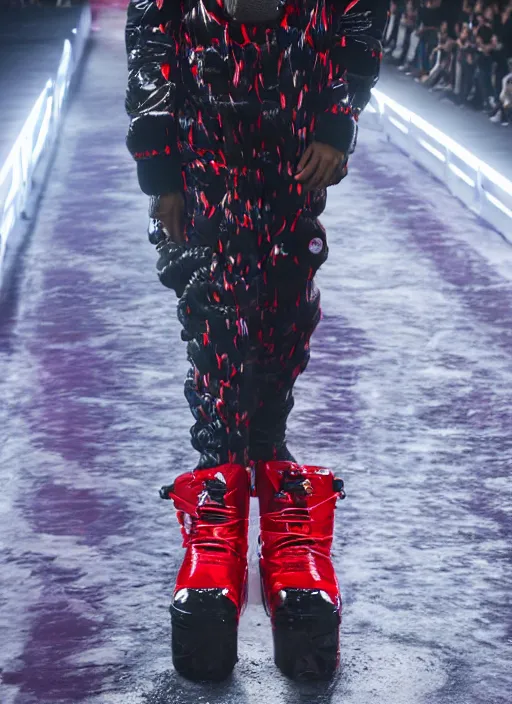 Prompt: hyperrealistic and heavy detailed moncler runway show of whole lotta red by playboi carti, leica sl 2 5 0 mm, vivid color, high quality, high textured, real life