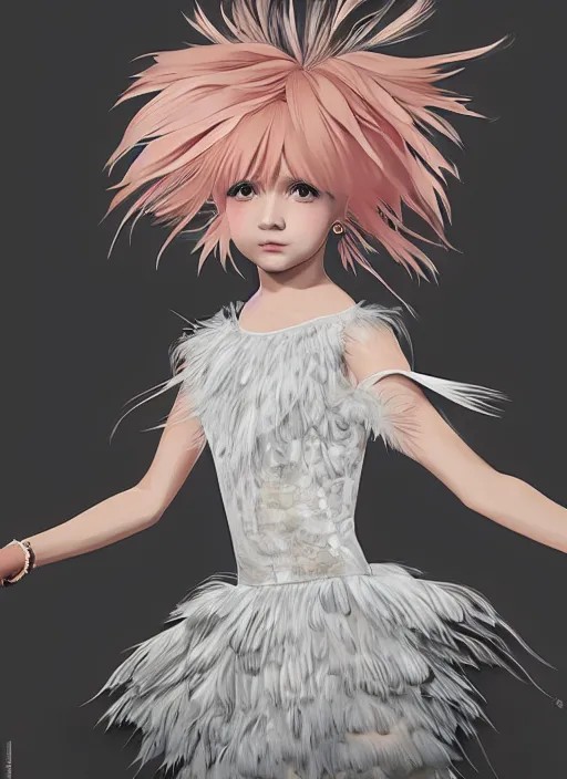 Image similar to little girl with an eccentric haircut wearing an dress made of feathers, artwork made by ilya kuvshinov and hirohiko araki, full character