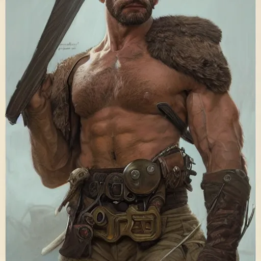 Image similar to portrait of a rugged ranger, muscular, upper body, hairy torso, d & d, fantasy, intricate, elegant, highly detailed, digital painting, artstation, concept art, smooth, sharp focus, illustration, art by artgerm and greg rutkowski and alphonse mucha