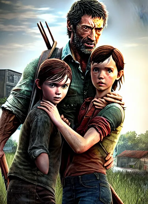 Image similar to hugh jackman as joel from the last of us standing with millie bobby brown as ellie, character concept art, hyperrealistic, detailed, accurate illustration, dramatic lighting