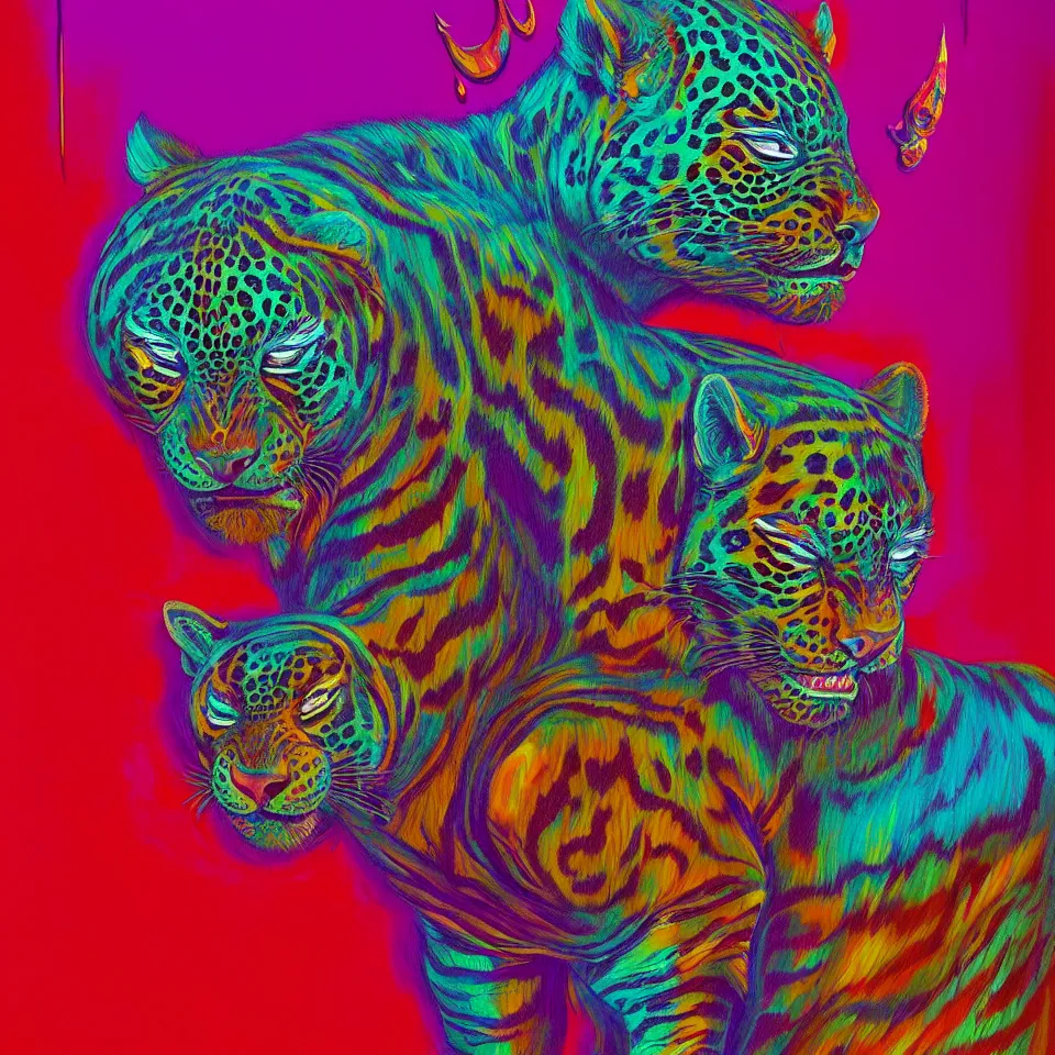 Prompt: bright psychedelic empty apartment, mayan jaguar warrior sleeping, diffuse lighting, fantasy, intricate, elegant, highly detailed, lifelike, photorealistic, digital painting, artstation, illustration, concept art, smooth, sharp focus, art by francis bacon