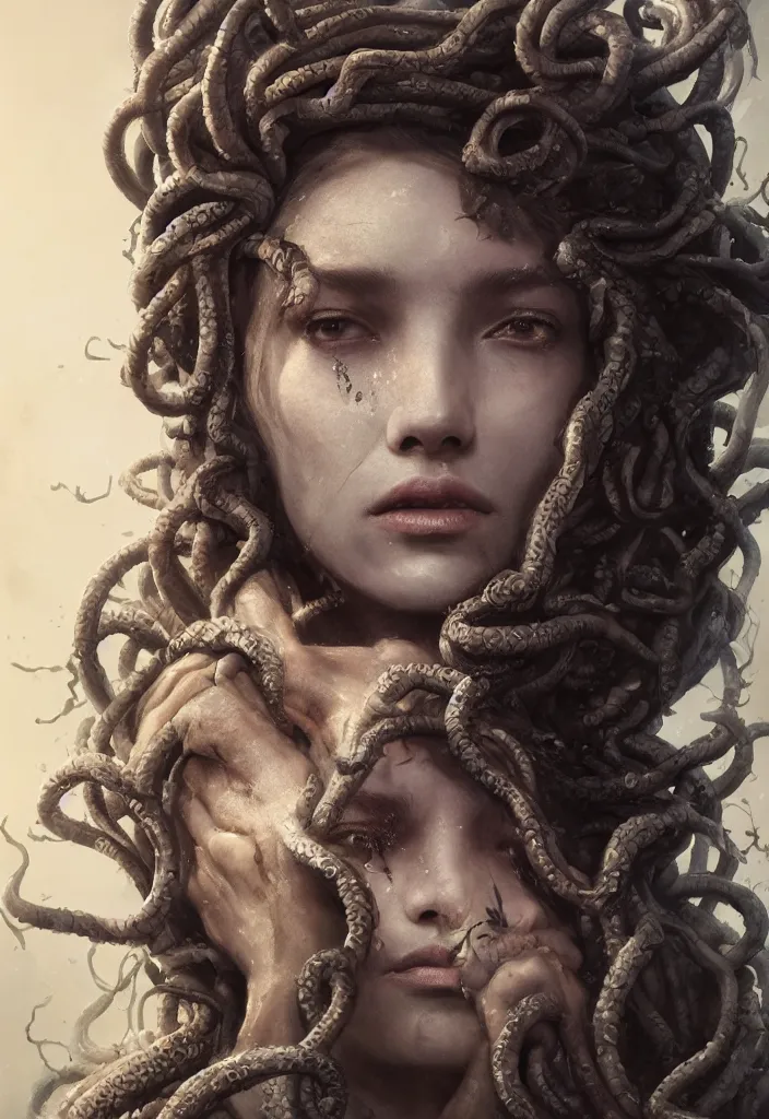 Prompt: A beuatiful portrait of medusa by Greg Rutkowski, Sung Choi, Mitchell Mohrhauser, Maciej Kuciara, Johnson Ting, Maxim Verehin, Peter Konig, close up, Bloodborne , 8k photorealistic, cinematic lighting, HD, high details, dramatic, atmospheric , trending on artstation