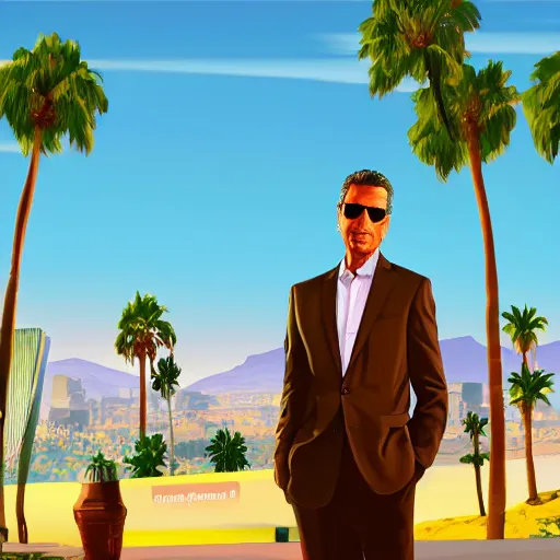 Prompt: Jeff Goldblum in GTA v. Los Santos in the background, palm trees. In the art style of Stephen Bliss.