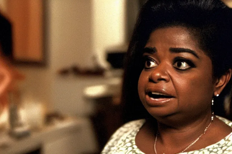 Image similar to screenshot of close up of octavia spencer removes a small hearing device with tweezers from her left ear, iconic scene from the paranoid sci fi thriller film directed by stanley kubrick, apartment set in the near future, cinematic shot with anamorphic lenses, color theory, apartment design, leading lines, photorealistic, volumetric lighting