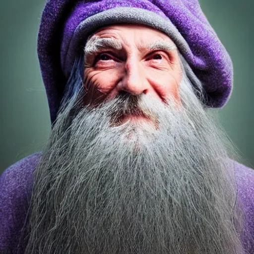 Image similar to an old bald druid wizard with bushy grey eyebrows, long grey hair and wearing a grey wizard hat, disheveled, wise old man, wearing a purple detailed coat, a bushy grey beard, sorcerer, he is a mad old man