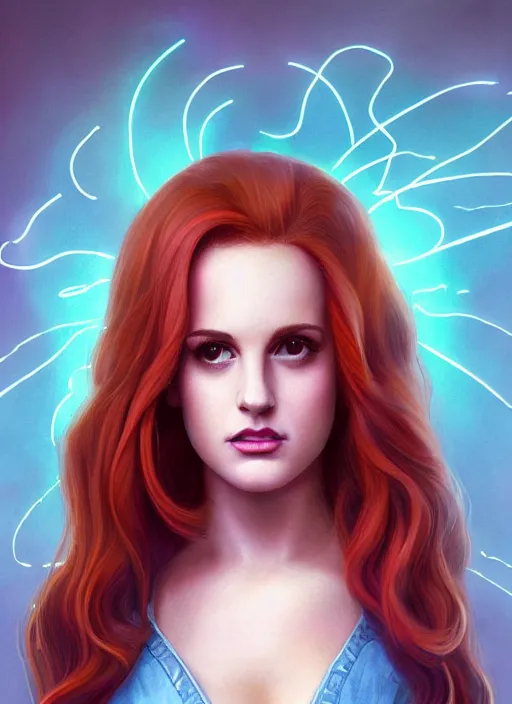 Image similar to full body portrait of teenage cheryl blossom, bangs, green eyes, mischievous expression, red hair, sultry smirk, bangs and wavy hair, 1 9 8 0 s, intricate, elegant, glowing lights, highly detailed, digital painting, artstation, concept art, smooth, sharp focus, illustration, art by wlop, mars ravelo and greg rutkowski