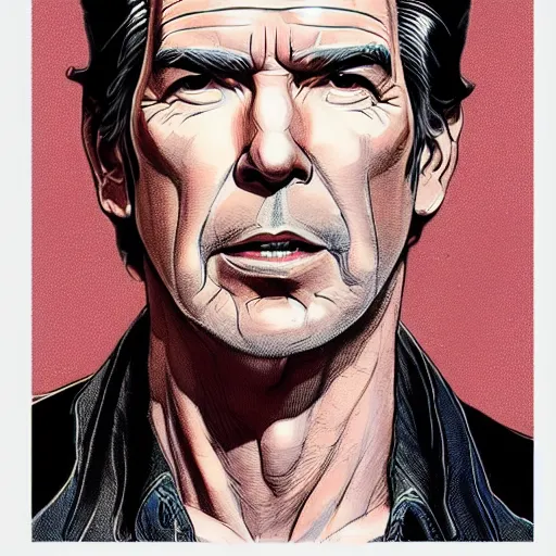 Image similar to a study of cell shaded portrait of pierce brosnan concept art, llustration, post grunge, concept art by josan gonzales and wlop, by james jean, Victo ngai, David Rubín, Mike Mignola, Laurie Greasley, highly detailed, sharp focus, alien, Trending on Artstation, HQ, deviantart, art by artgem