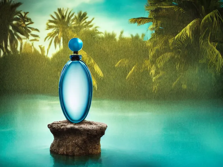 Image similar to perfume bottle in the center of a desert oasis in deep blue pond water surrounded by tropical flora ; 4 style of nicholas fols, 2 0 0 mm, mute dramatic colours, soft blur outdoor stormy sea background, volumetric lighting, hyperrealistic