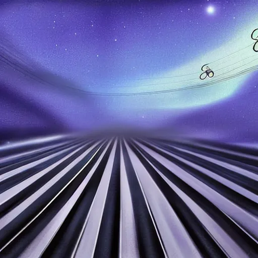 Prompt: endless piano road in space, digital art