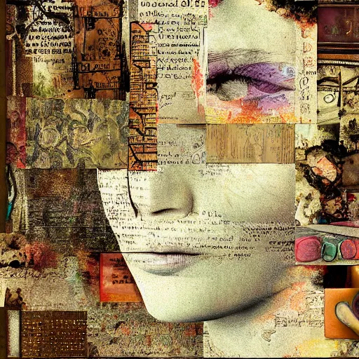 Image similar to detailed and highly reliefed mixed media digital collage textures, spectacular quality