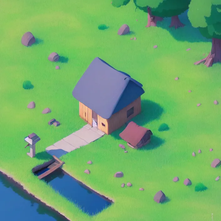 Prompt: isometric view of a cozy cottage standing on a square patch of grass, in the middle of a lake, plain background, cory loftis, james gilleard, atey ghailan, makoto shinkai, goro fujita, studio ghibli, exquisite lighting, clear focus, very coherent, soft painting