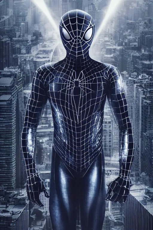 Prompt: metallic reflective silver spider-man, character poster, dramatic lighting, atmospheric dust, intense lens flare, hazy city backdrop