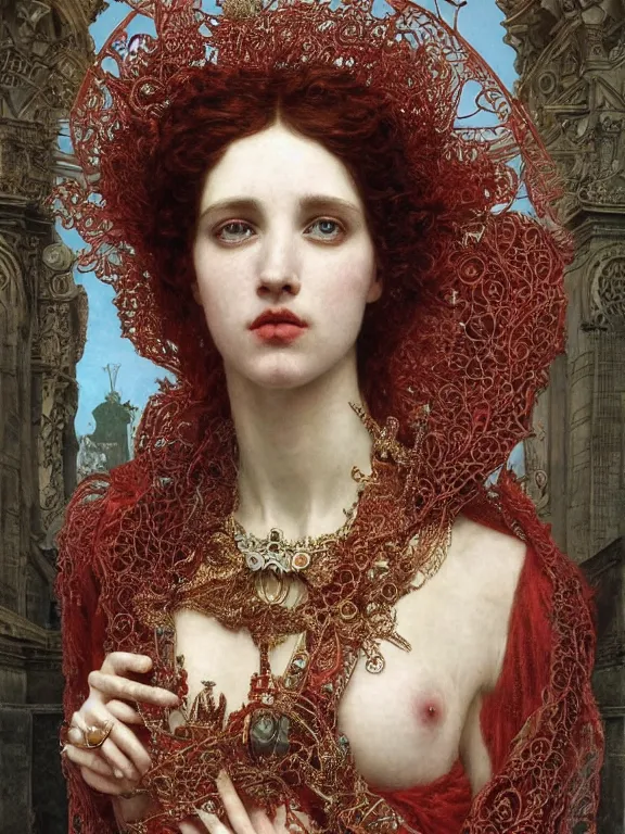 Image similar to a beautiful render of a catholic veiled red queen with symmetry intricate detailed ,heart sculpture,by Lawrence Alma-Tadema,aaron horkey,Billelis,trending on pinterest,hyperreal,jewelry,gold,intricate,maximalist,glittering,golden ratio,cinematic lighting
