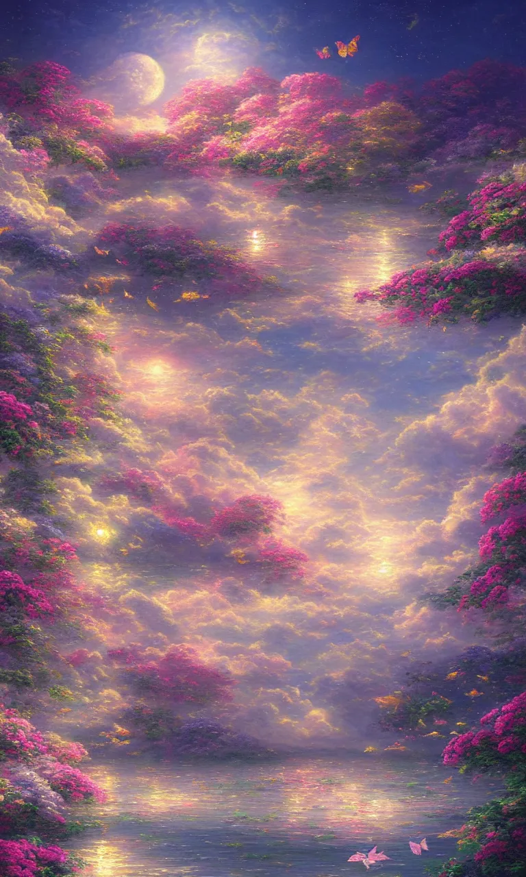 Prompt: a beautiful painting of many peony sea, moon, palace, cloud, butterflies, light effect ， fine lines, by thomas kinkade and yuumei