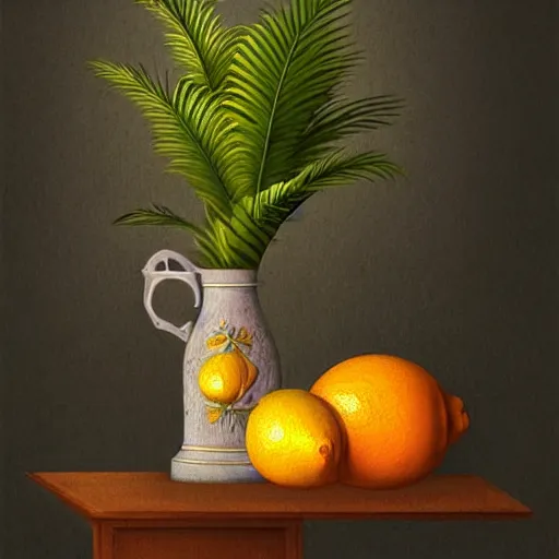 Prompt: still art, antique jug with palms inside, old candle, much vegetables, lemon, orange, pepper, cinematic light, detailed, digital art, concept art, trending on artstation, highly detailed, intricate, sharp focus, digital art, 8 k