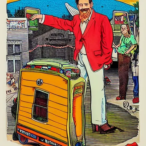 Image similar to The Artwork of R. Crumb and his Cheap Suit Car-salesman, pencil and colored marker artwork, trailer-trash lifestyle