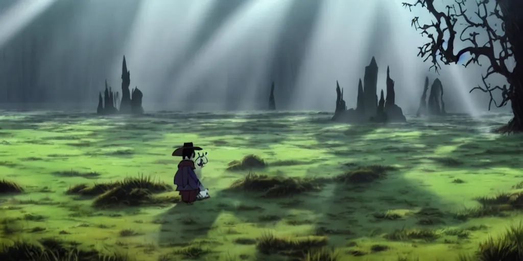 Image similar to a cell - shaded cartoon movie still from howl's moving castle ( 2 0 0 4 ) of a zombies in a flooded rainforest valley. stonehenge is seen in the background with shafts of sunlight from above. wide shot, very dull muted colors, hd, 4 k, hq