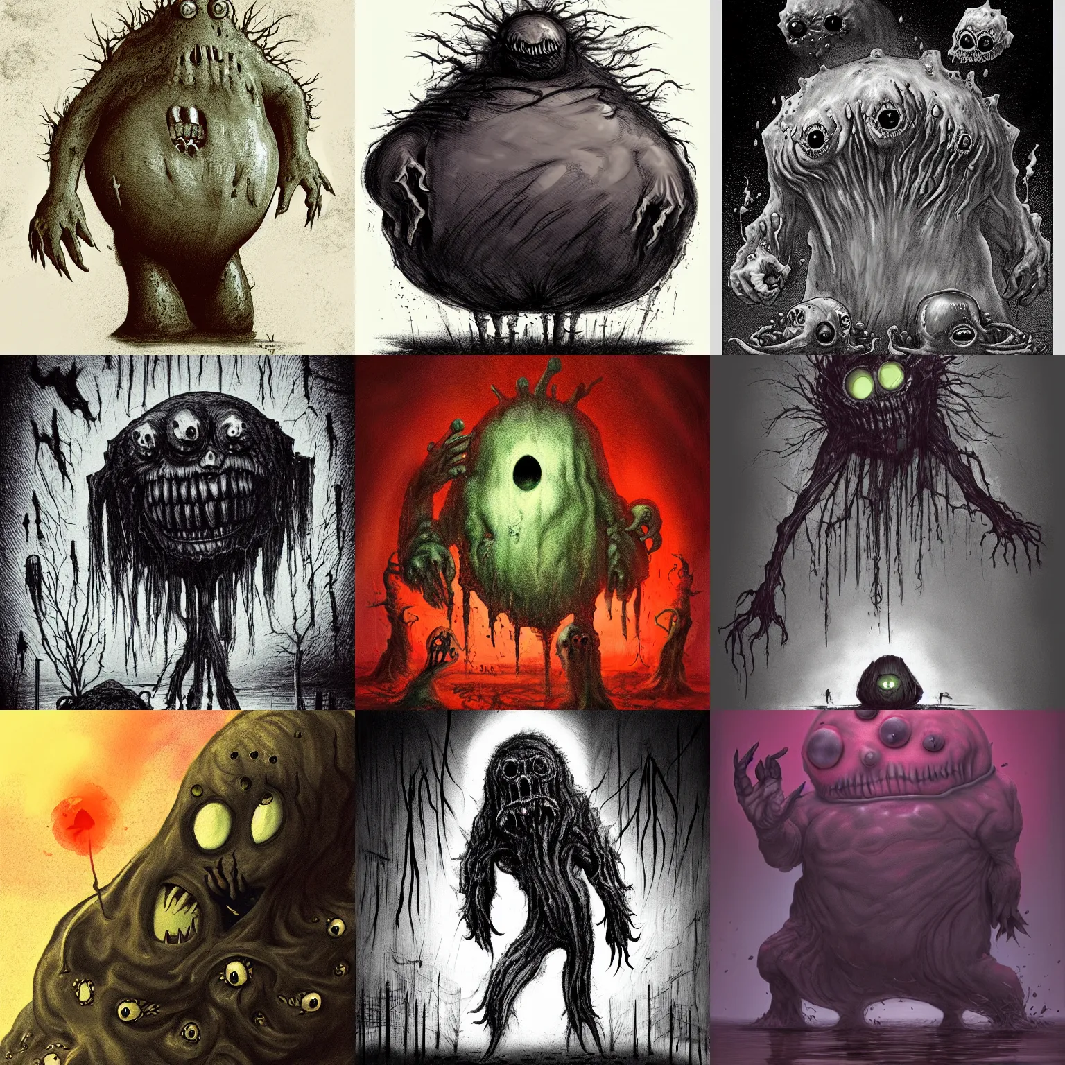 Prompt: a horrific big blob creature worshipped by cultists in the style of Scary Stories to Tell in the Dark, trending on ArtStation