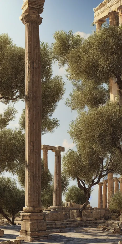 Prompt: ancient greek city, sunny day, olive trees, houses and temples, marble columns, by ilya kuvshinov, rtx rendering, octane render 1 2 8 k, maya, extreme high intricate details by tom bagshaw, medium shot, composition by sana takeda, lighting by greg rutkowski