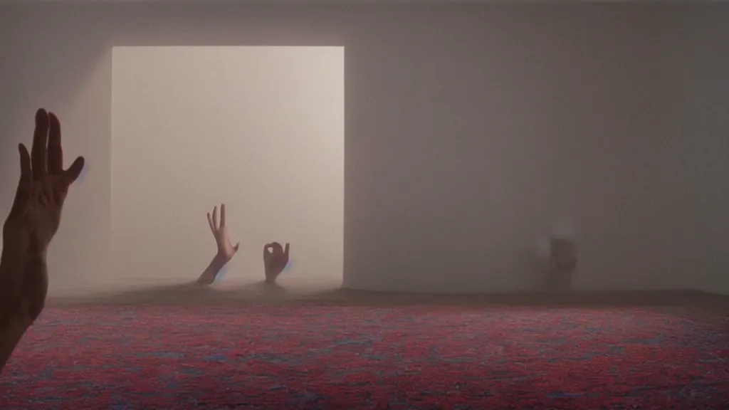 Prompt: the giant hand reaches inside our living room, film still from the movie directed by Denis Villeneuve with art direction by Zdzisław Beksiński, wide lens, golden hour