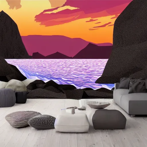 Prompt: super detailed color lowpoly art, northern sunset with rocks on front, monochrome photorealistic bay in the middle of perspective and mountains at background, big graphic seiner ship, unreal engine, high contrast color palette, 3 d render, lowpoly, colorful, digital art, perspective, full volume composition, robb cobb, syd mead