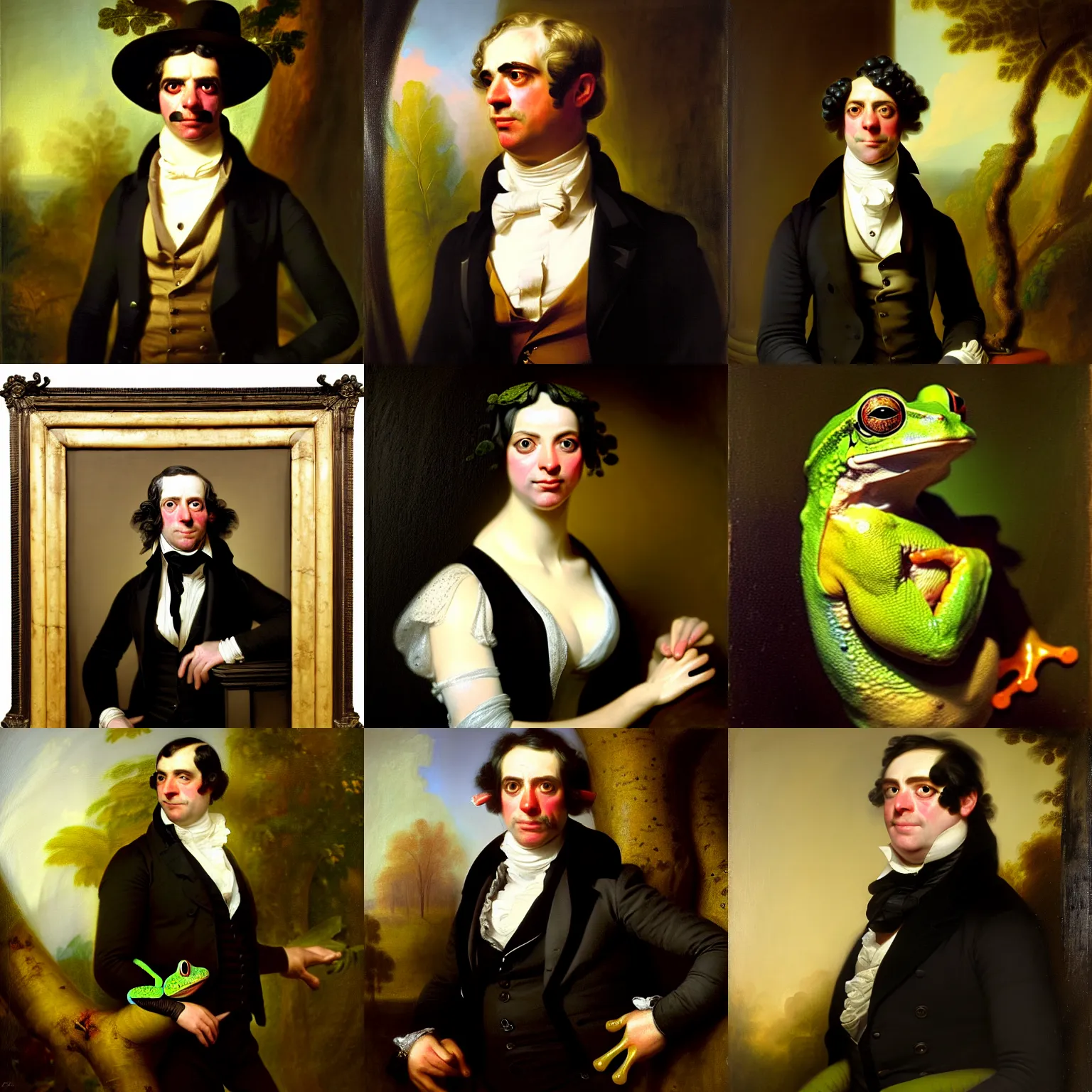 Prompt: a portrait painting of an anthropomorphic amazon tree frog wearing a black waistcoat, an american romanticism painting by john trumbull, a portrait painting, cgsociety, soft focus