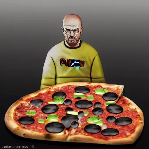 Image similar to pizza made of walter white figurine stickers, unreal, render, splash, award winning photograph