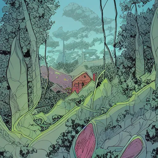 Image similar to polygon, ligne claire art of a sparse village intertwined with nature, by Moebius, bright colors, Eisner award-winning spread