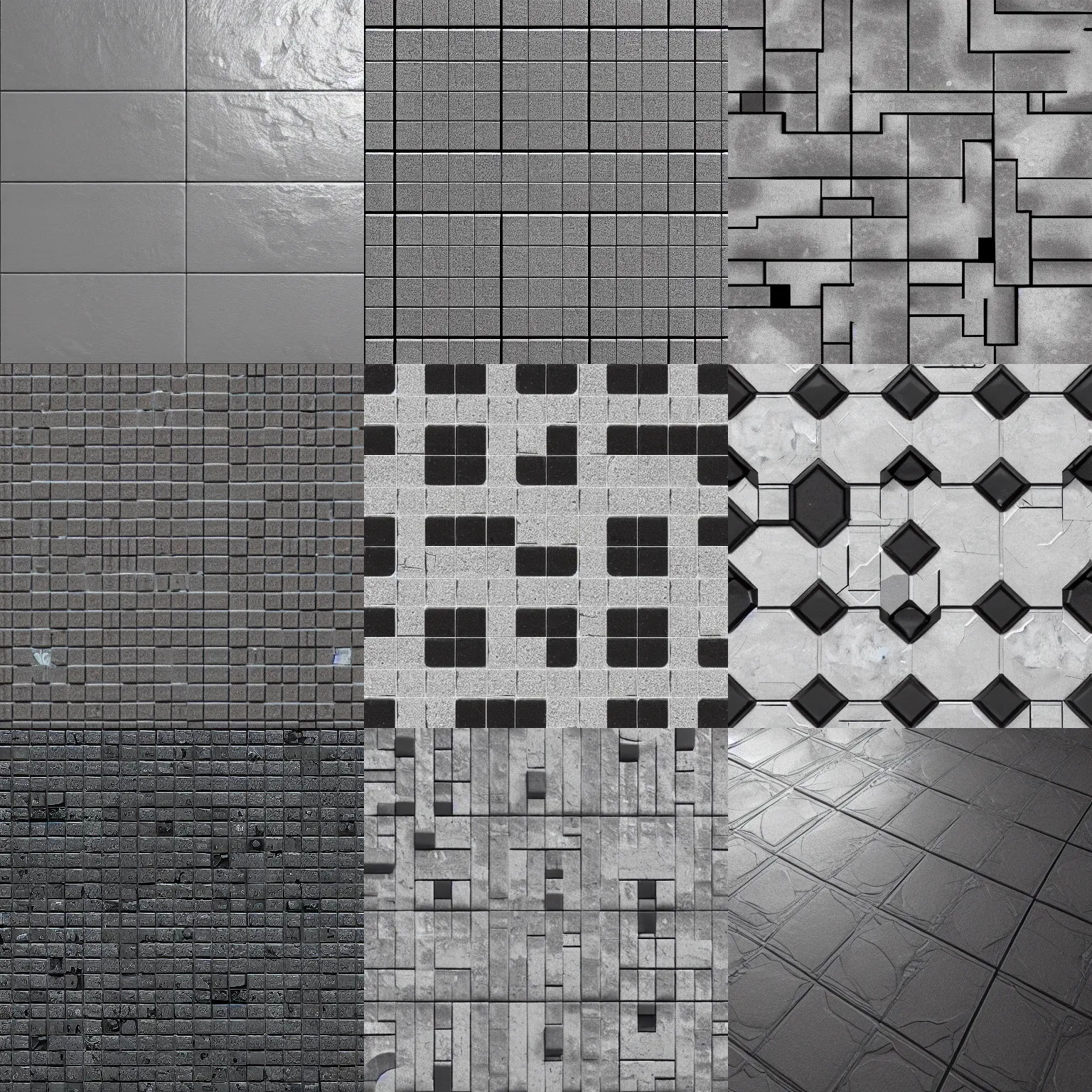 Prompt: 4 k tiled dystopian floor seamless texture, material, shiny, white and black, brutalist, retrofuturism, octane render, pbr, hi - res