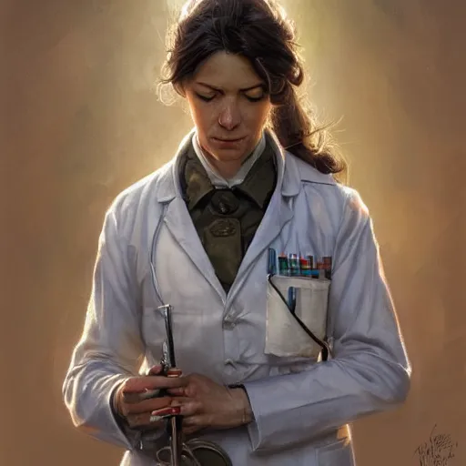 Image similar to a portrait of a woman medic during a battlefield, highly detailed, centered, digital painting, artstation, concept art, donato giancola, Joseph Christian Leyendecker, WLOP, Boris Vallejo, Breathtaking