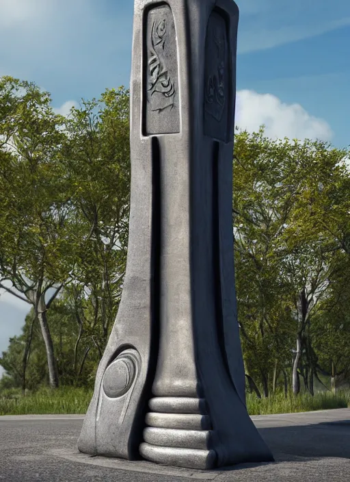 Image similar to highly detailed render of a futuristic monument stele standing on the road made in unreal engine 4