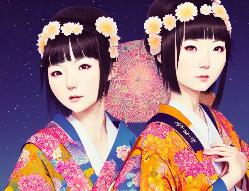 Image similar to two beautiful charming japan girls wear arty kimono in festival | | sunny night, full moon, dreamlike art, realistic shaded, smile, good looking, hyper details, 4 k realistic, cryengine, realistic shaded lighting poster by ilya kuvshinov, fuji choko, ross tran, 8 k resolution, trending on artstation, luxury