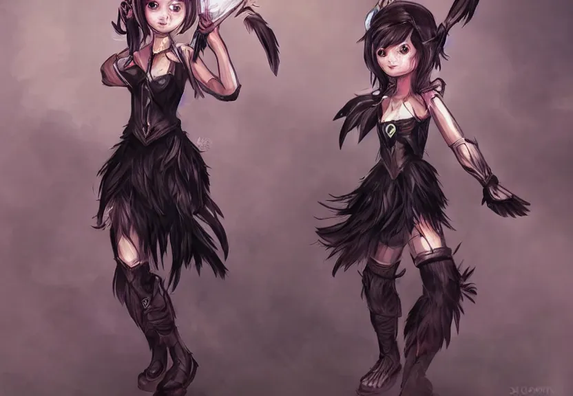 Prompt: little girl with a short black haircut wearing a dress made of black feathers, artwork in league of legends art style, anatomically perfect