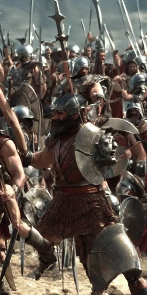 Image similar to Danny Devito dressed as Leonidas, with Leonidas beard, leading Spartans into battle, in screenshot from the 300 movie