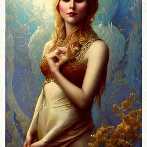 Prompt: Kristen Bell by Tom Bagshaw in the style of Gaston Bussière, art nouveau