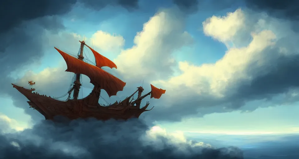 Image similar to a large wooden fantasy ship flying through the clouds with blue sky, andreas rocha style