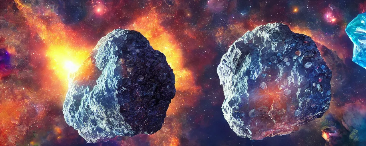 Image similar to asteroid made of shiny donald trump and crystals, [ shards, facets, by paul lehr, cinematic, detailed, epic, widescreen, opening, establishing, mattepainting, photorealistic, realistic textures, octane render ]